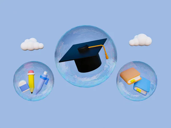 3d cartoon education concept. Attempts to complete a bachelor\'s degree. eraser, pencil, pen, books, and graduation cap floating in air bubbles. 3d rendering illustration.