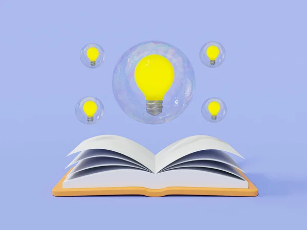 3d education concept. Study for knowledge. self-learning concept. Glowing light bulb in bubbles floating on top of a book. 3d rendering illustration.