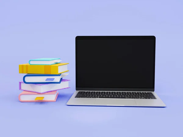 3d minimal educational technology equipment. e-learning concept. educational media. high-tech gadget for online education. a pile of books and a laptop. 3d rendering illustration.