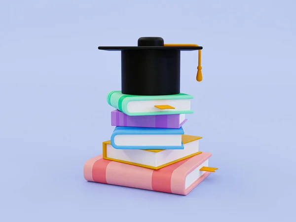 3d minimal graduation concept. graduation cap on top of a pile of books. 3d rendering illustration.