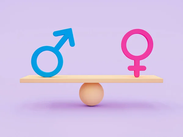 3d minimal gender equality. The stopping gender discrimination concept. male icon and femail icon on seesaw. 3d rendering illustration.