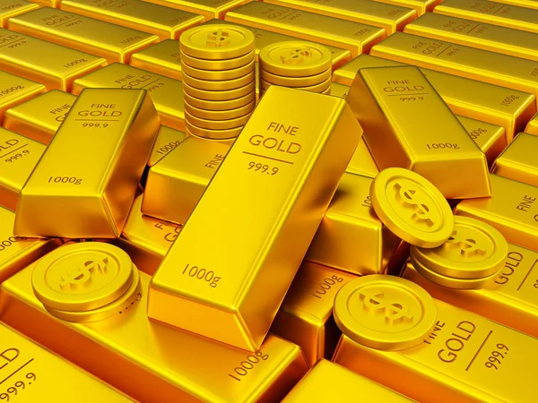 3d realistic gold bullion and dollar coins. Close-up 1000 gram gold bars. stack of gold bars and some money background. 3d rendering illustration.