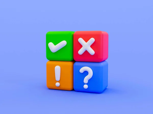 3d minimal yes, no, shocked, and question. comment concept. tick check mark, cross mark, exclamation mark, and question mark buttons.  3d illustration.