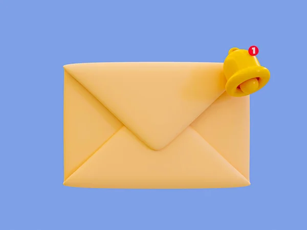3D最小邮件提醒 通信通知 信封上有铃铛图标 3D说明 — 图库照片