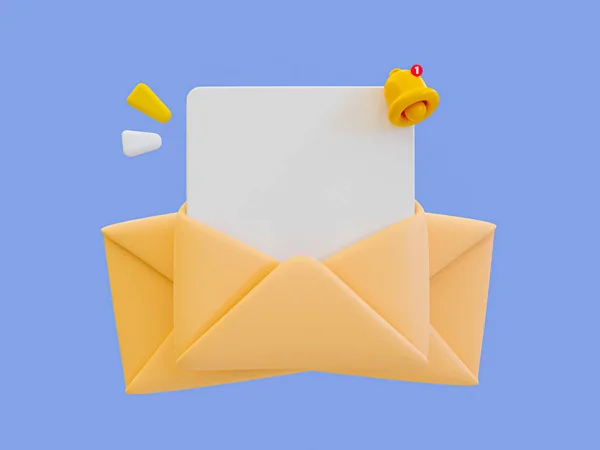 3d minimal Empty letter mockup. Envelope with blank letter and bell icon. 3d illustration.