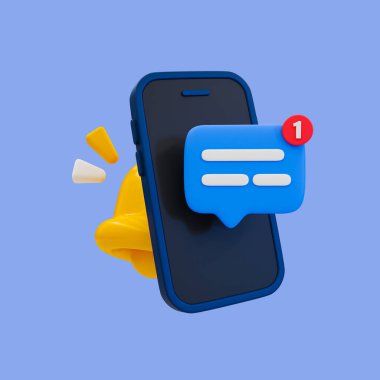 Okunmamış mesajların en az 3 boyutlu bildirimi. Sosyal medya sohbet mesajı bildirimi. Çan simgesi olan akıllı telefon ve kırpma yolu olan sohbet mesajı simgesi. 3d illüstrasyon.
