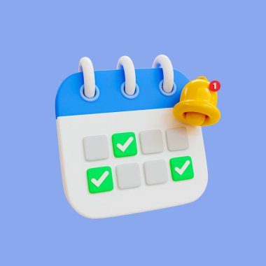 3D asgari zaman yönetimi kavramı. Program bildirimi. Toplantı hatırlatması. Kırpma yolu ile bir çan simgesi ile takvim. 3d illüstrasyon.