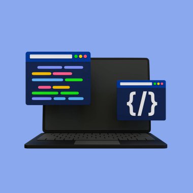 3D en küçük kodlama simgesi. Kodlama ekranı. Web geliştirme konsepti. Kırpma yolu olan programlama kaynak kodlu bir dizüstü bilgisayar. 3d illüstrasyon.
