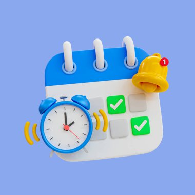 3D asgari zaman yönetimi kavramı. Program bildirimi. Toplantı hatırlatması. Alarm saati ve kırpma yolu olan çan simgesi olan bir takvim. 3d illüstrasyon.