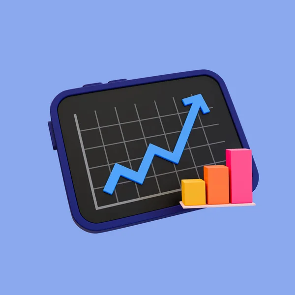 3d minimal para birimi hızla yükseliyor. Yükselen finans. veri analizi. Yükselen bir ok ve kırpma yolu olan bir tablet. 3d illüstrasyon.