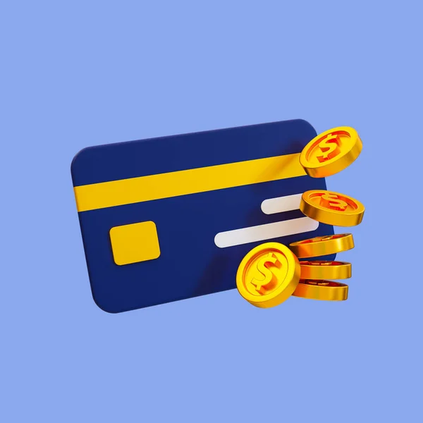 3D最低网上购物费用 没有钱的付款 带有裁剪路径的硬币的信用卡 3D渲染说明 — 图库照片