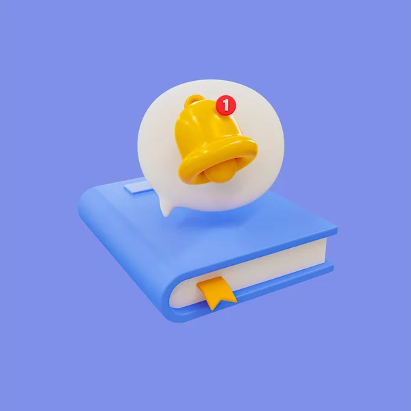 3d minimal self-development concept. Reminder of reading a book. Knowledge seeking. Textbook with a bell icon with clipping path. 3d rendering illustration.