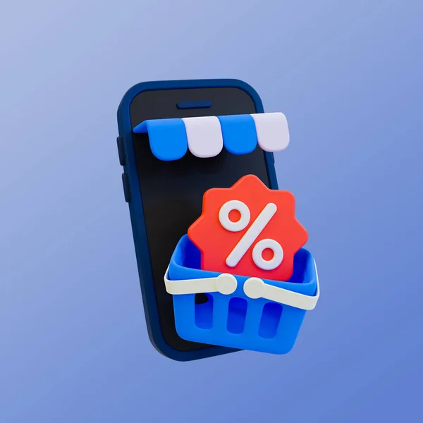 3d minimal Special discount offer icon. Flash sale. Special big sale offer. Storefron smartphone with shopping basket and sale tag with clipping path. 3d illustration.