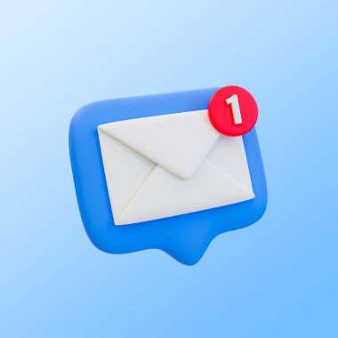 3d okunmamış mesajlar hatırlatıcısı. mektup bildirimi. içinde zarf ve bildirim simgesi olan mesaj kutusu. 3d illüstrasyon, kırpma yolu dahil.