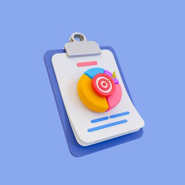 3D minimal veri analizi kavramı. İş araştırması. Pasta grafiği ve dart tahtası olan bir pano. 3d illüstrasyon, kırpma yolu dahil.