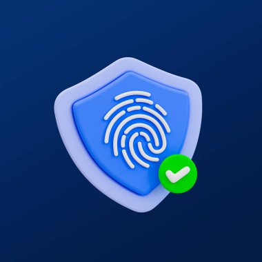 3d asgari parmak izi doğrulaması. Kimlik doğrulamasını kullan. Güvenlik koruma sistemi. Parmak izi taraması ve işaretli bir kalkan. 3d resimleme, kırpma yolu dahil.