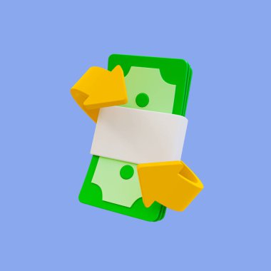 3D asgari tasarruf konsepti. Para yatırıyorum. Para değişimi. Maaş yönetimi konsepti. Oklu bir deste banknot. 3d illüstrasyon, kırpma yolu dahil.