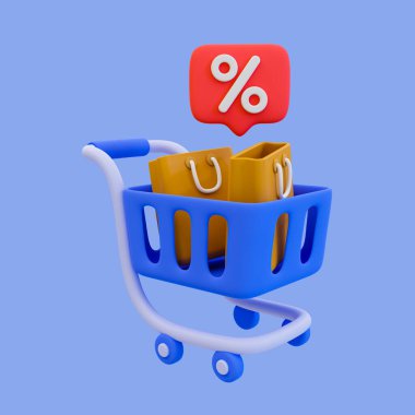 3D minimal özel teklif terfisi. Flash satış ikonu. Alışveriş arabası, alışveriş poşetleri ve satış etiketleri. 3d illüstrasyon, kırpma yolu dahil.