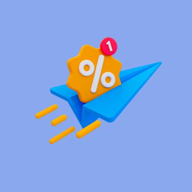 3D minimal özel teklif terfisi. Flash satış ikonu. Satış etiketli kağıt uçak. 3d illüstrasyon, kırpma yolu dahil.