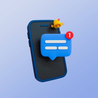 Okunmamış mesajların en az 3 boyutlu bildirimi. Sosyal medya sohbet mesajı bildirimi. Çan ikonlu akıllı telefon ve sohbet mesajı ikonu. 3d illüstrasyon, kırpma yolu dahil.