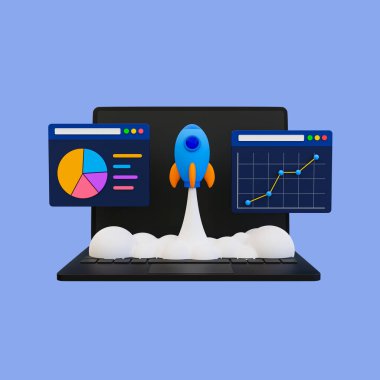 3D minimal iş başlatma konsepti. Görev başladı. İş analizi. Pazarlama veri analizi. Roket fırlatmalı dizüstü bilgisayar ve istatistik verileri. 3 boyutlu illüstrasyon. kırpma yolu dahil.