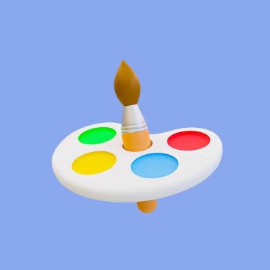 Üç boyutlu en az boya fırçası ve palet. Okul unsuru. 3 boyutlu illüstrasyon. kırpma yolu dahil.