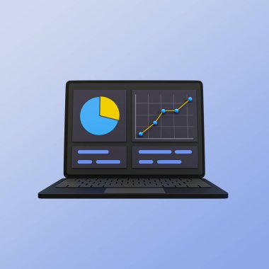 3D asgari pazarlama stratejisi. İş analizi. Pazarlama veri analizi. İstatistik verili dizüstü bilgisayar. 3 boyutlu illüstrasyon. kırpma yolu dahil.