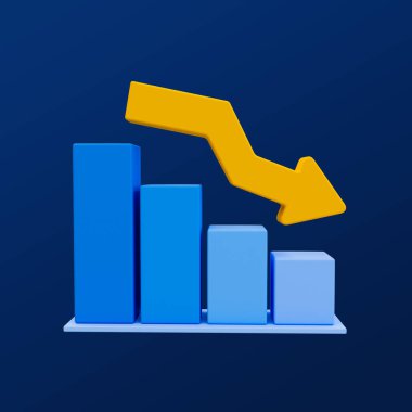 3d minimal veri analiz simgesi. Finansal çöküş Stoklar düştü. Değerini kaybetme konsepti. Üzerinde ok olan bir çubuk grafiği. 3 boyutlu illüstrasyon. kırpma yolu dahil.