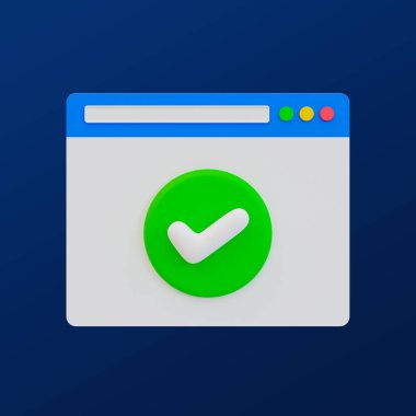 3D minimal yeşil işaret işareti. Doğru işaret. Onaylandı, kabul edildi, tamam, kabul edildi. İşaret simgesi olan web tarayıcısı. 3 boyutlu illüstrasyon. kırpma yolu dahil.