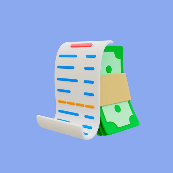 3D minimal bakkal kontrolü. Alışveriş ödeme konsepti. flaş satış. Bir deste banknotla birlikte fatura. 3d resimleme, kırpma yolu dahil.