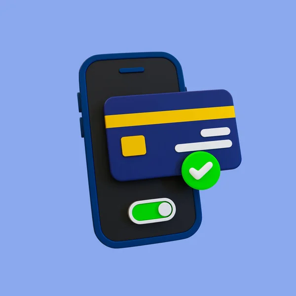 3D最低信用卡批准 信用卡被接受的图标 带有信用卡和支票记号的智能手机 3D示例 包括裁剪路径 — 图库照片
