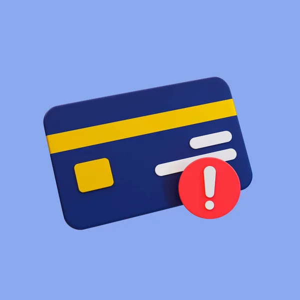 3D最小的信用卡问题 信用卡拒签图标 有感叹号的信用卡 3D示例 包括裁剪路径 — 图库照片