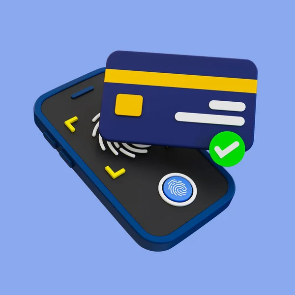3D最低信用卡批准 信用卡被接受的图标 带着信用卡和标记的智能手机 3D示例 包括裁剪路径 — 图库照片