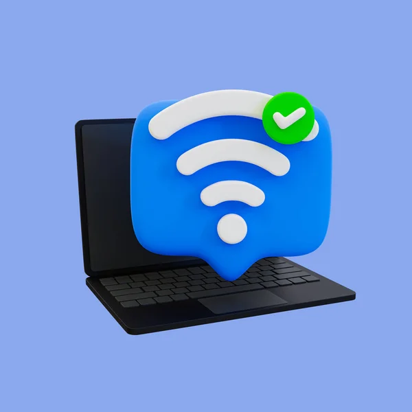 3d minimal Internet tethering. signal search succeeded. Laptop with Wi-Fi signal and check mark icon. 3d rendering illustration, clipping path included.