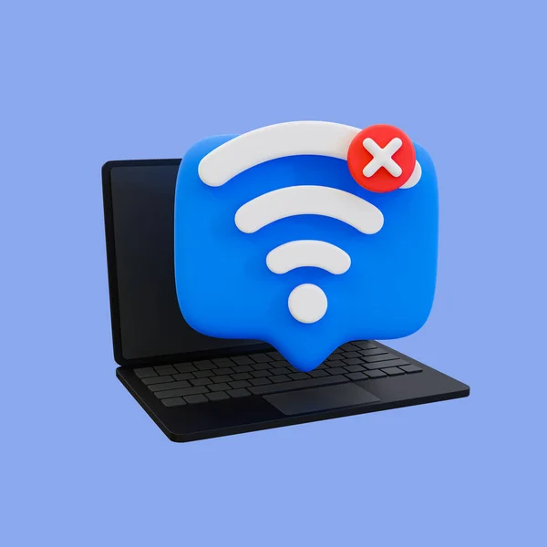 3d minimal Internet tethering. signal search failed. Laptop with Wi-Fi signal and cross mark icon. 3d rendering illustration, clipping path included.