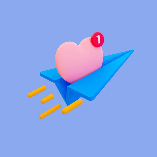 3d minimal heart sending. online dating concept. qUIck and fast online romantic communication. Paper rocket with a love icon. 3d illustration, clipping path included.