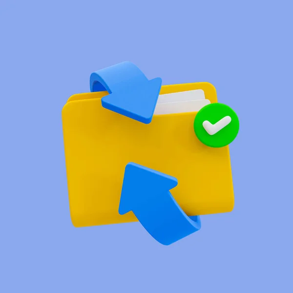 3D最小的文件存储 文件备份 文件交换概念 黄色文件夹 带有箭头和校验标记 3D示例 包括裁剪路径 — 图库照片