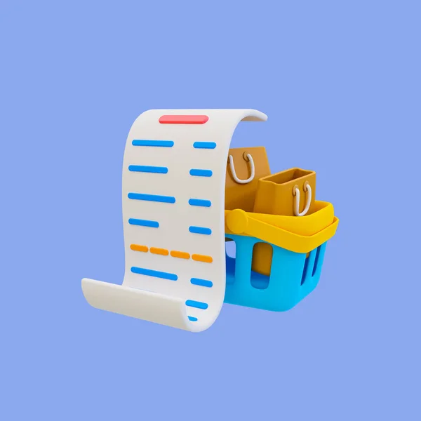3d minimal grocery checkout. shopping payment concept. flash sale. receipt with a shopping basket and shopping bags. 3d rendering illustration, clipping path included.