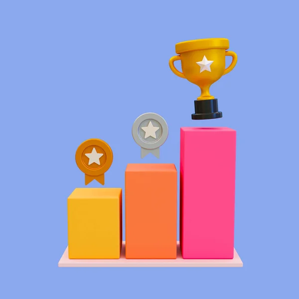 3d minimal winner cup. Achievement award, Trophy cup. Champion trophy, shiny golden cup, Winner award. Ladder with a champion trophy. 3d rendering illustration, clipping path included.