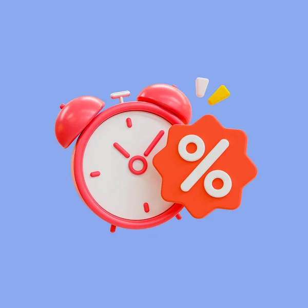 3d minimal Special discount offer icon. Flash sale reminder. Special big sale offer. Alarm clock with a percent tag. 3d illustration, clipping path included.
