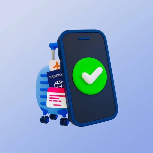 En az üç günlük tatil seyahati. Yaz tatili gezisi. Rezervasyon başarılı. Akıllı telefon ve işaret simgesi olan bir bavul. 3d illüstrasyon, kırpma yolu dahil.