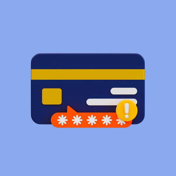 注意信用卡信息被盗 信用卡诈骗 有密码和警告图标的信用卡 3D例证 包含裁剪路径 — 图库照片