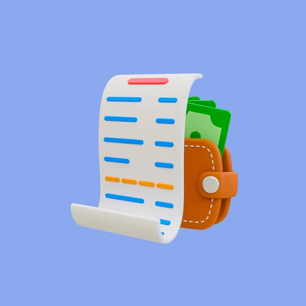 3d minimal grocery checkout. shopping payment concept. receipt with a wallet. 3d rendering illustration. clipping path included.