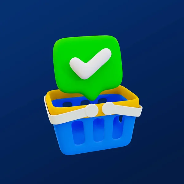 3D最小绿色止回标记符号 正确的标志 带有勾号图标的购物篮 3D例证 包含裁剪路径 — 图库照片