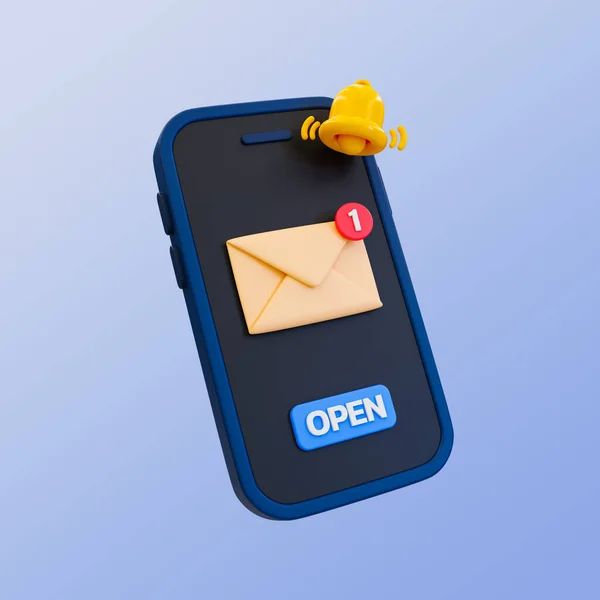 3D最小未読メッセージを通知します 手紙の通知 封筒とベルアイコン付きのスマートフォンです 3Dイラスト クリッピングパスが含まれ — ストック写真