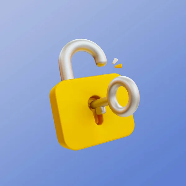 3d minimal data security system. private data accessing. unlocked padlock with key. 3d illustration. clipping path included.