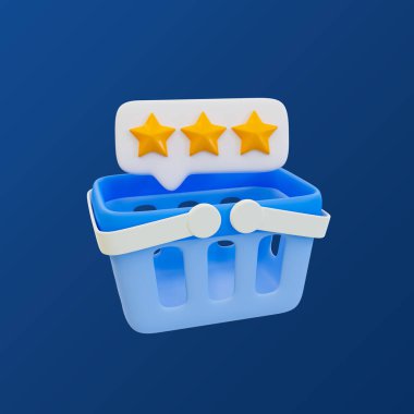 En düşük hizmet derecesi 3D. Müşteri memnuniyeti. Hizmet değerlendirmesi 3 yıldızlı alışveriş sepeti. 3 boyutlu illüstrasyon. kırpma yolu dahil.