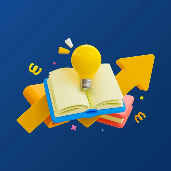 3d minimal self-development concept. self-learning concept. reading a book to get a new idea. textbook with a light bulb and rising arrow. 3d rendering illustration. clipping path included.