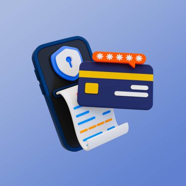 3D minimum işlem güvenliği. Kredi kartı hırsızlığına dikkat et. Mali koruma. Faturalı ve kredi kartlı akıllı telefon. 3 boyutlu illüstrasyon. kırpma yolu dahil.
