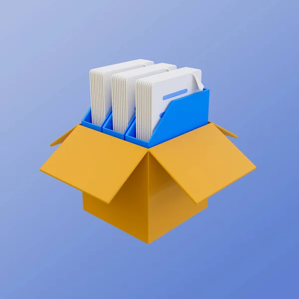 3D最小的文件管理 数据组织 文件管理 纸板箱 有纸质文件 3D例证 包含裁剪路径 — 图库照片